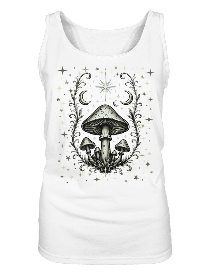 Damen Tank Top in Weiß liegend, Motiv mit großem Pilz, Farn und achtstrahligem Stern