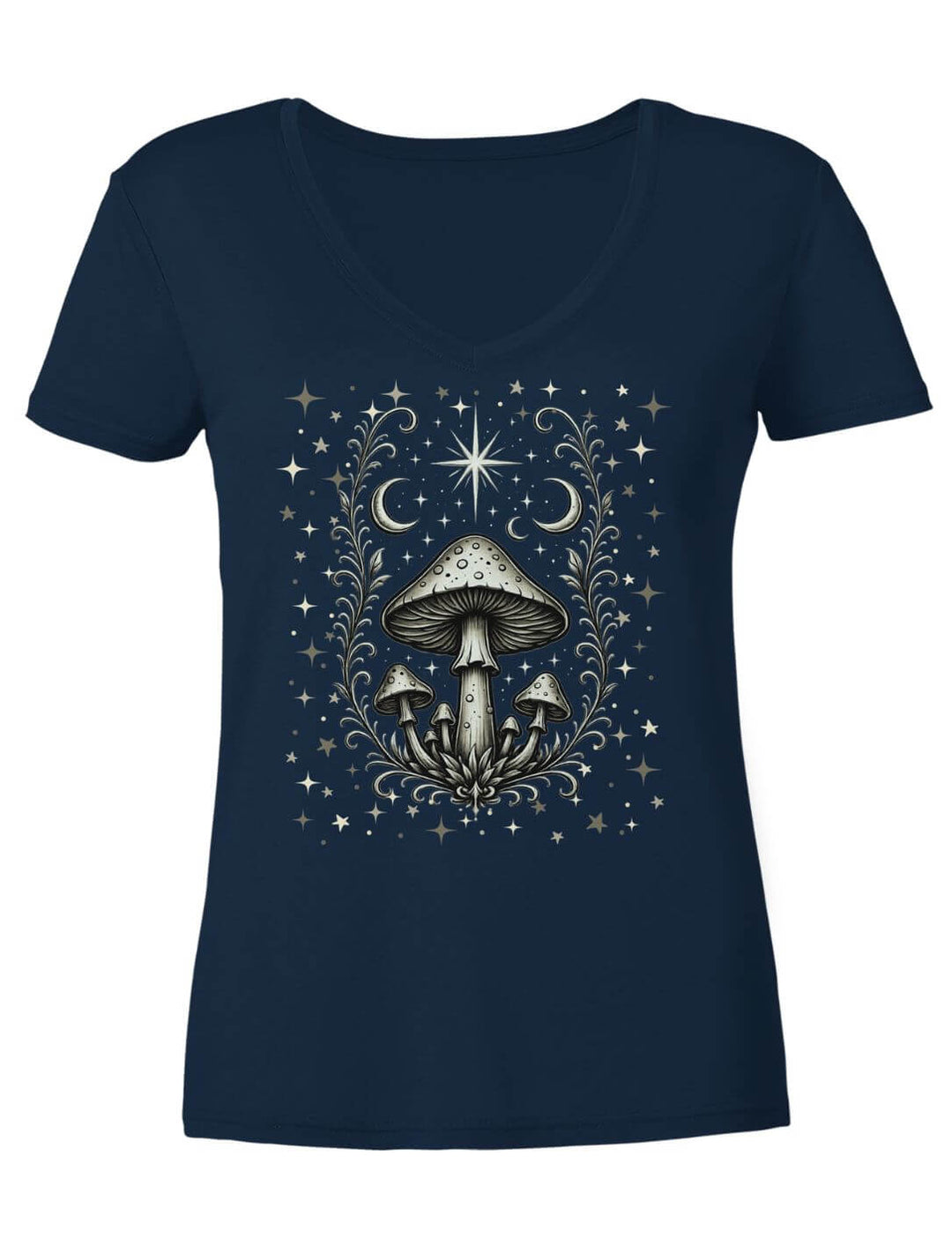 Damen V-Neck Shirt in Navy liegend, Pilze aus einer Wurzel unter Sternenhimmel