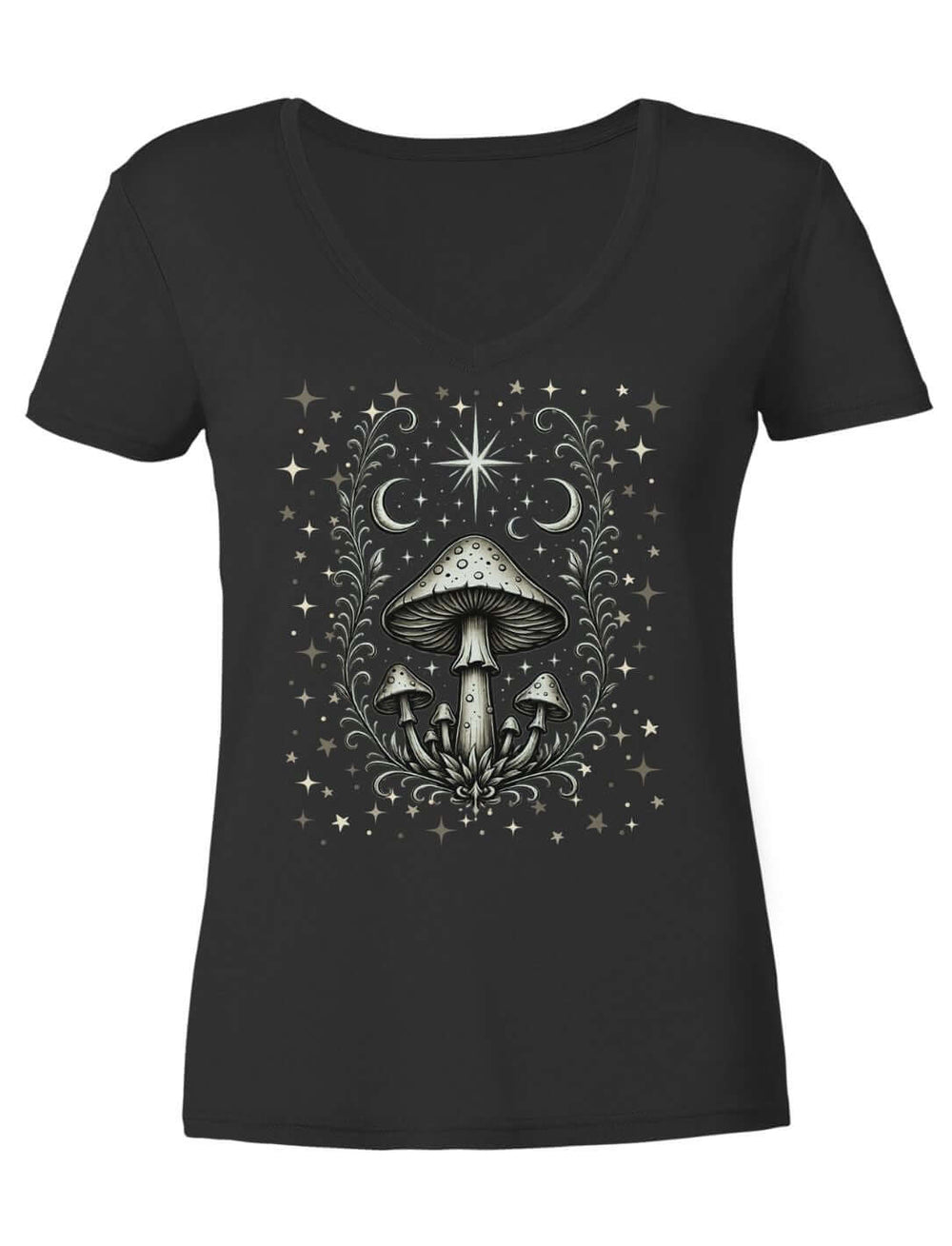 Schwarzes Damen V-Neck Shirt liegend, Pilzkreis mit Mondsicheln und Stern