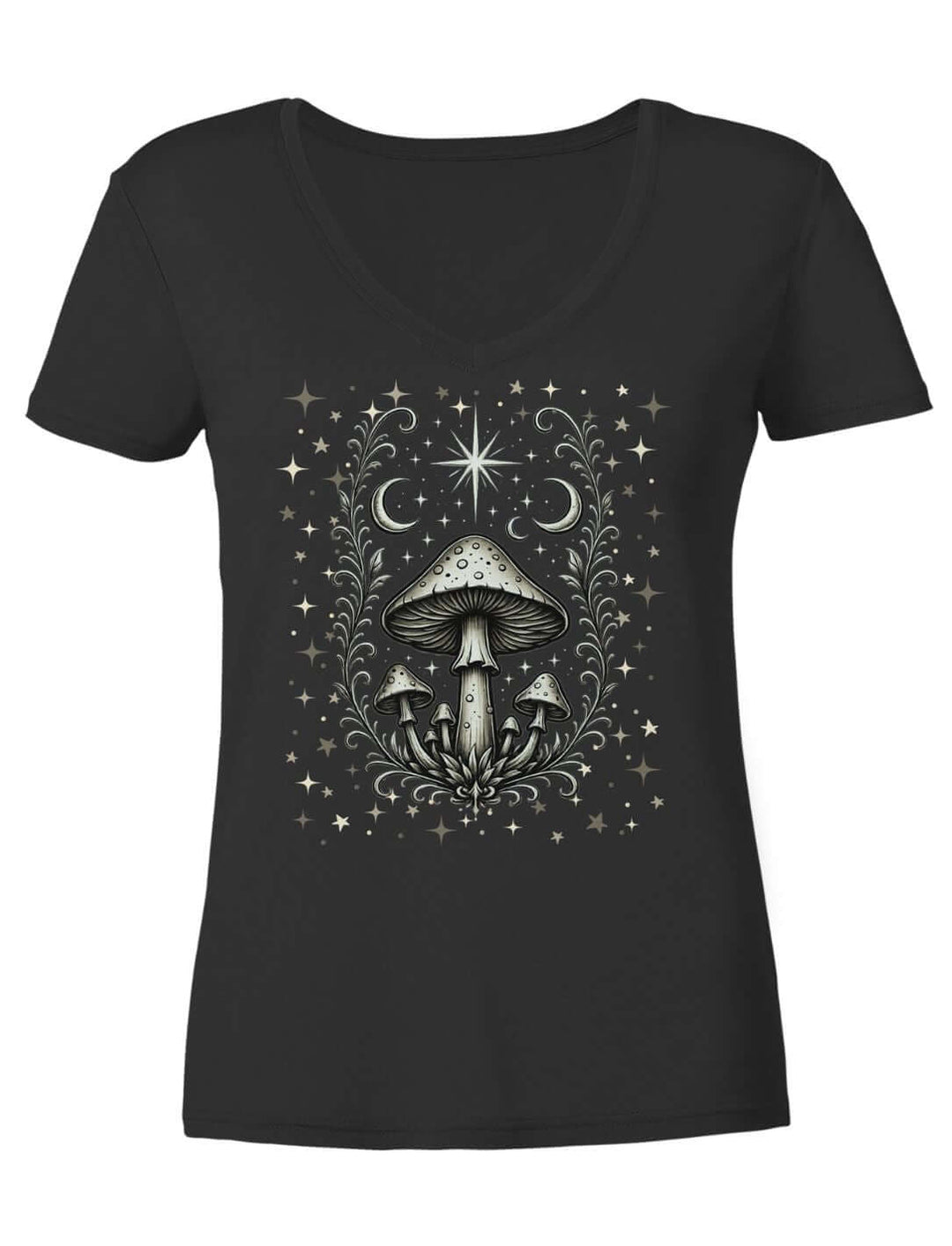 Schwarzes Damen V-Neck Shirt liegend, Pilzkreis mit Mondsicheln und Stern