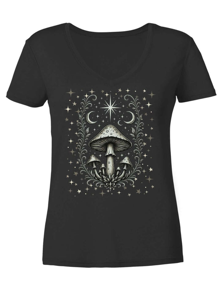 Schwarzes Damen V-Neck Shirt liegend, Pilzkreis mit Mondsicheln und Stern