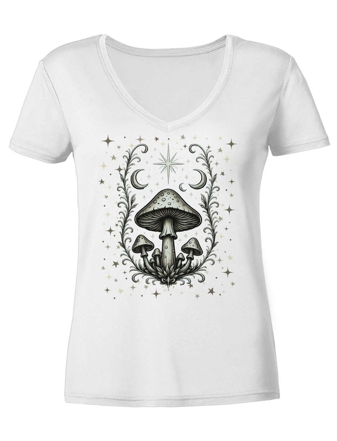 Weisses Damen V-Neck Shirt liegend, Druck mit Farn, Moos und Pilzen