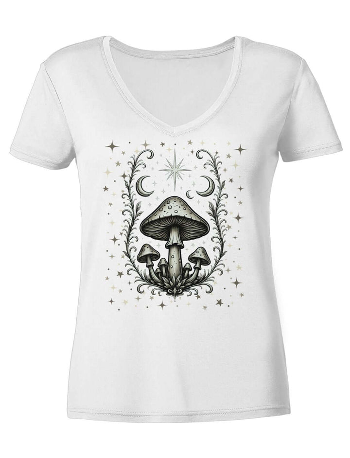 Weisses Damen V-Neck Shirt liegend, Druck mit Farn, Moos und Pilzen