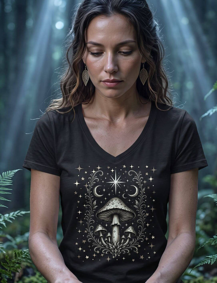 Schwarzes V-Neck Shirt im Lichtstrahl, Pilzmotiv mit zwei Mondsicheln