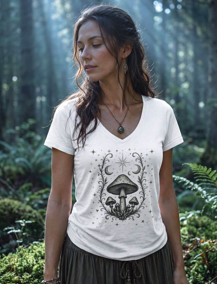 Weisses Damen V-Neck Shirt im Wald, fein gezeichnetes Pilzmotiv über Farn