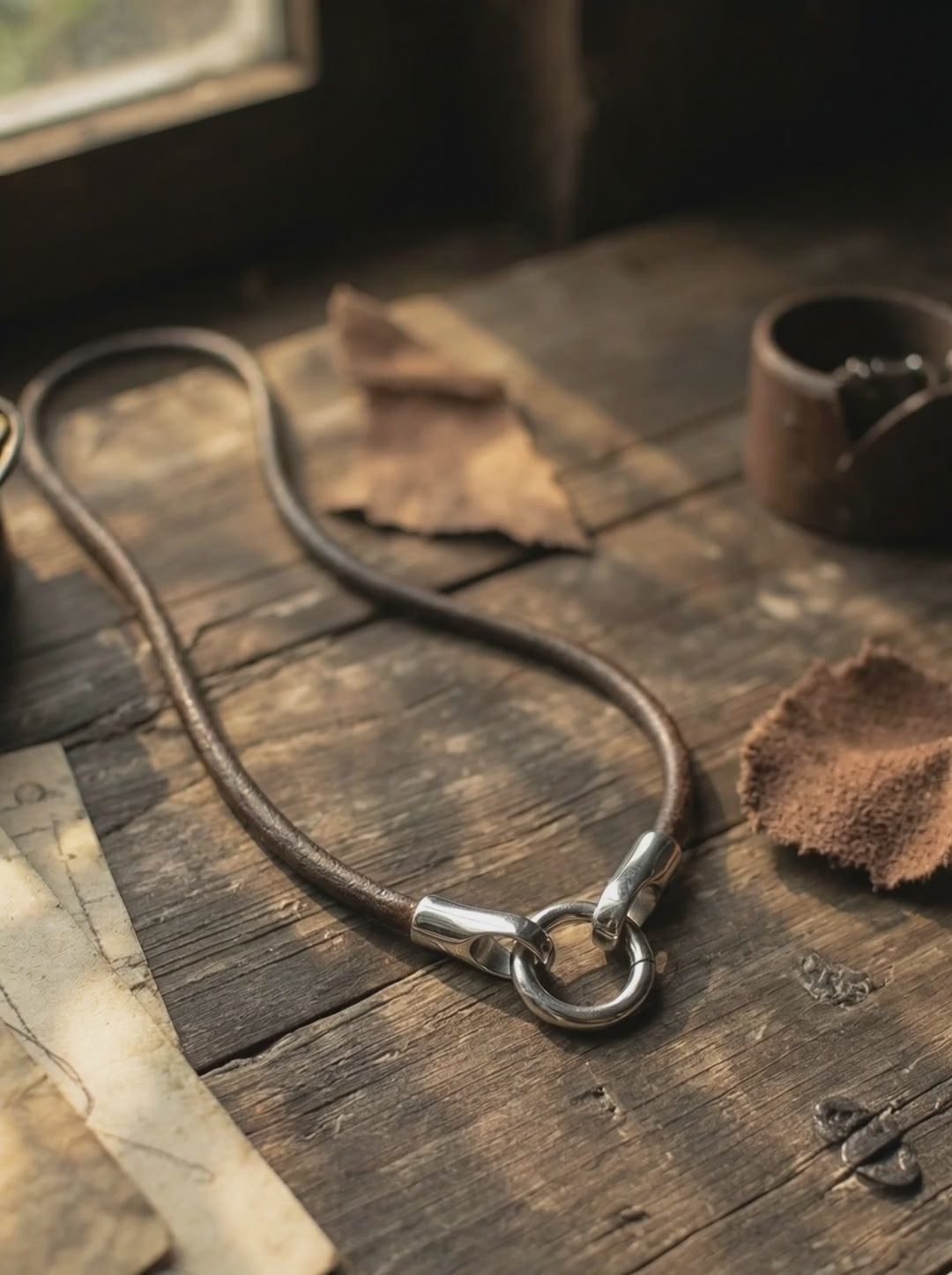 Video von Lederkette des alten Bundes aus schwarzem und braunem Echtleder mit Edelstahlclip