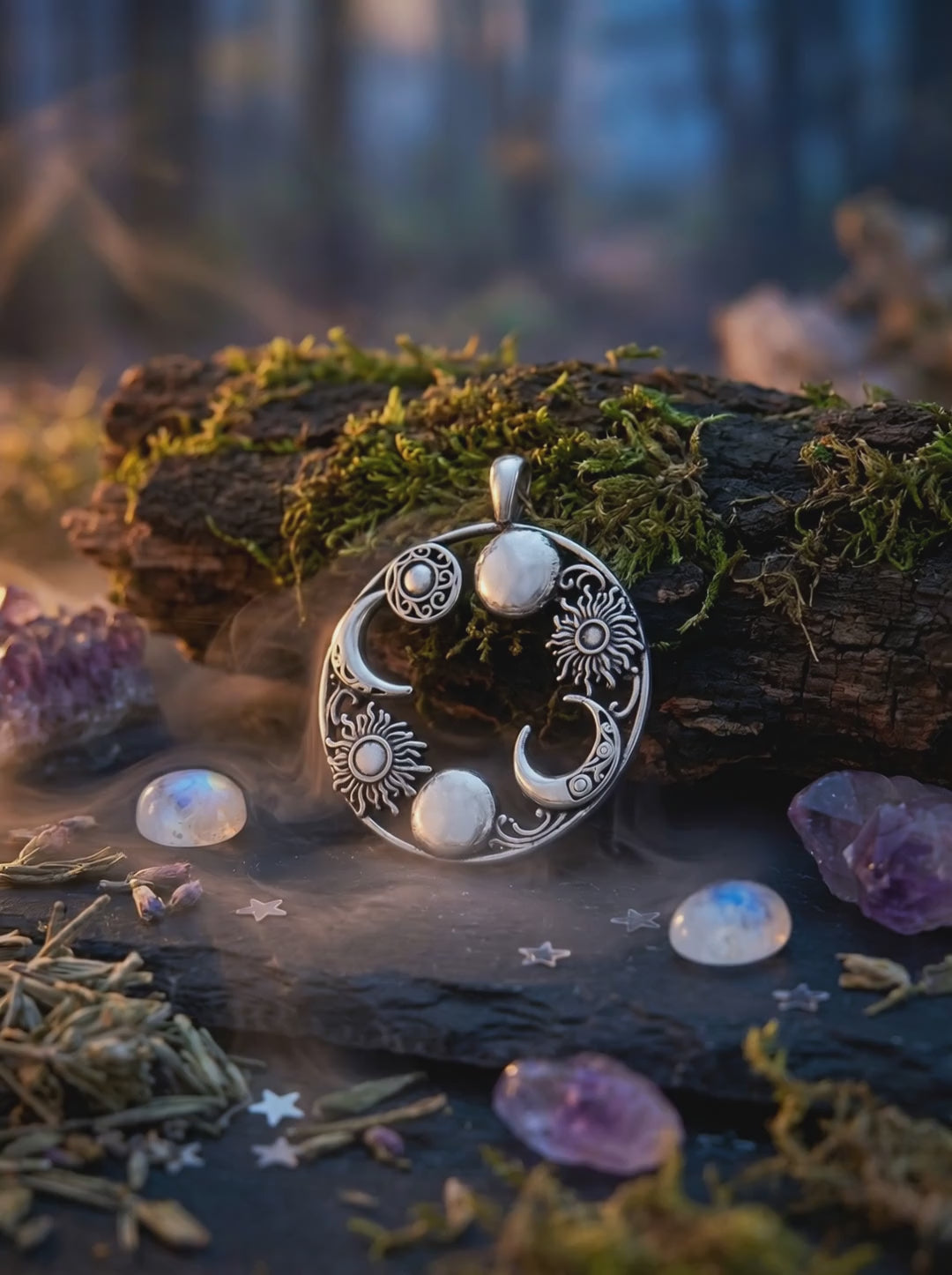 Video des Anhängers Tanz von Sonne und Mond aus 925 Sterling Silber in mystischem Setting.