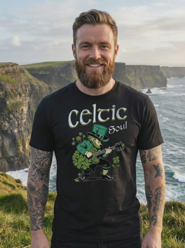 Video Celtic Soul Tshirt in schwarz, getragen von männlichem Model an einer Küstenlandschaft.
