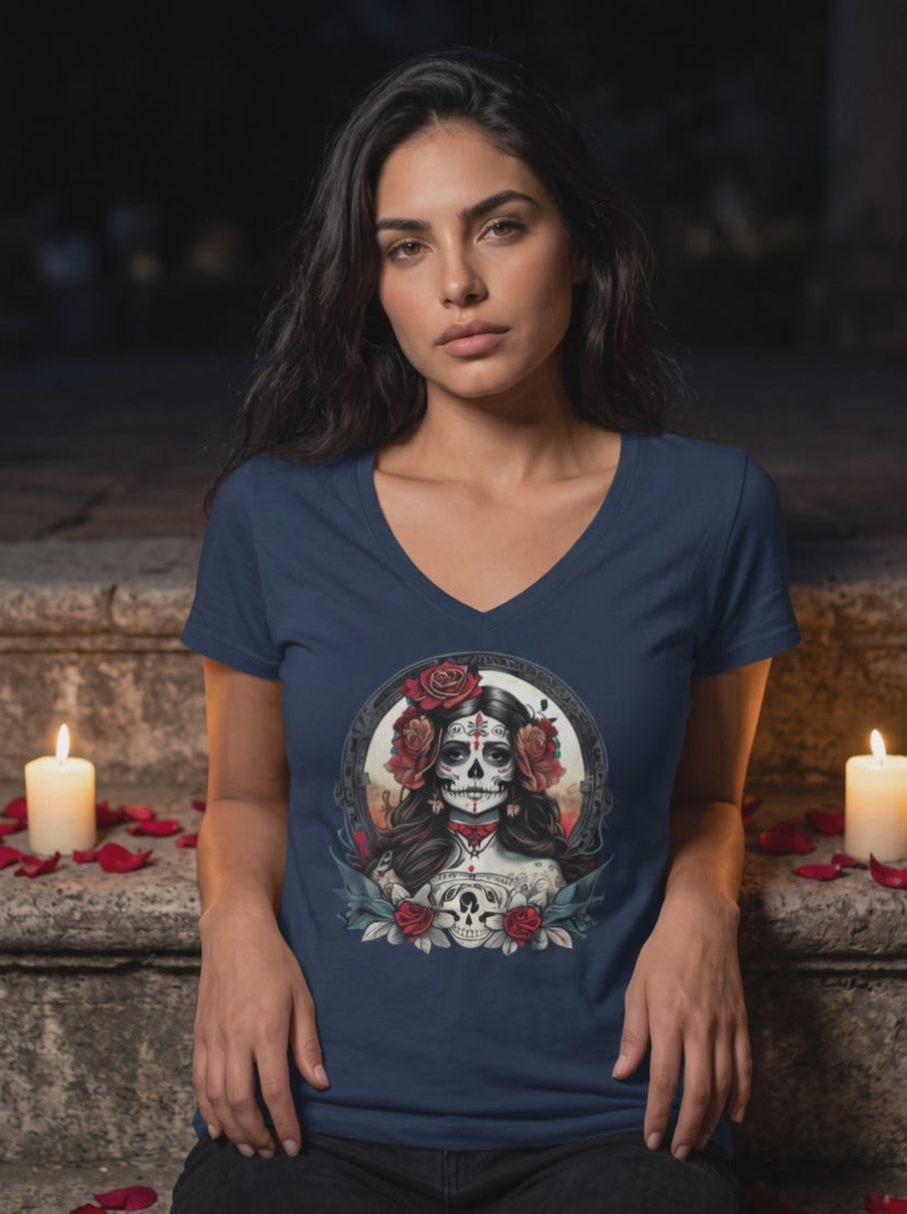 Frau im navyfarbenen V-Neck Shirt sitzt zwischen Kerzen, Kamera fährt langsam auf das Motiv zu