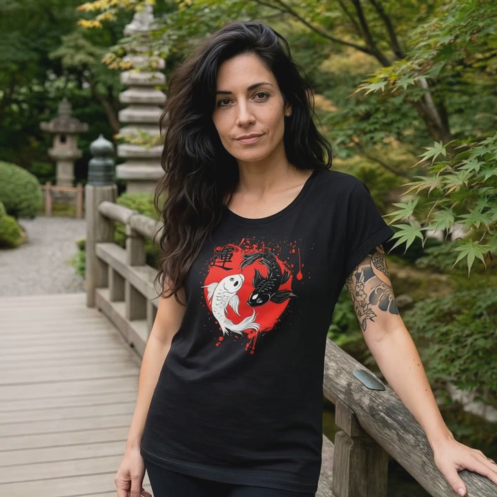 Frau trägt das Harmonic Koi longfirt Shirt in schwarz in einer japanischen Landschaft