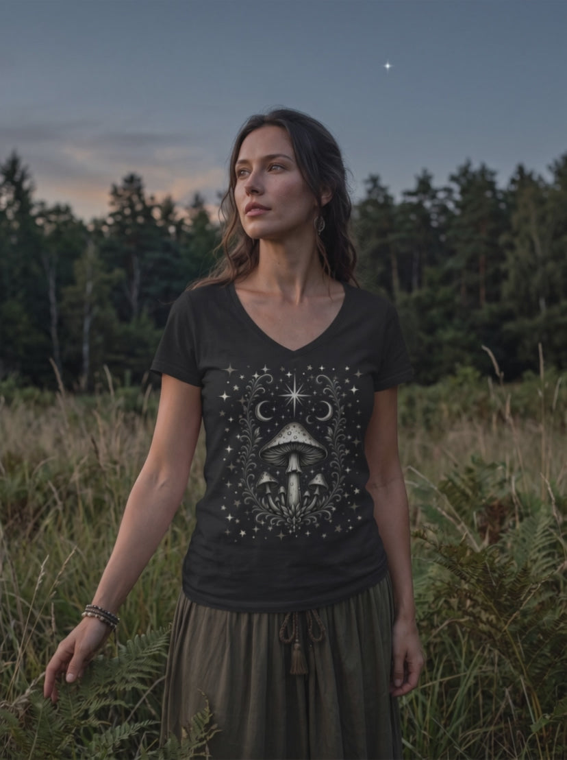Frau im Wald dreht sich zur Kamera, V-Neck Shirt mit Pilzmotiv im Lichtstrahl