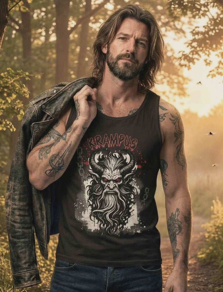 Video: Model trägt schwarzes Krampus Tank Top im Wald, Detailaufnahmen des Motivs