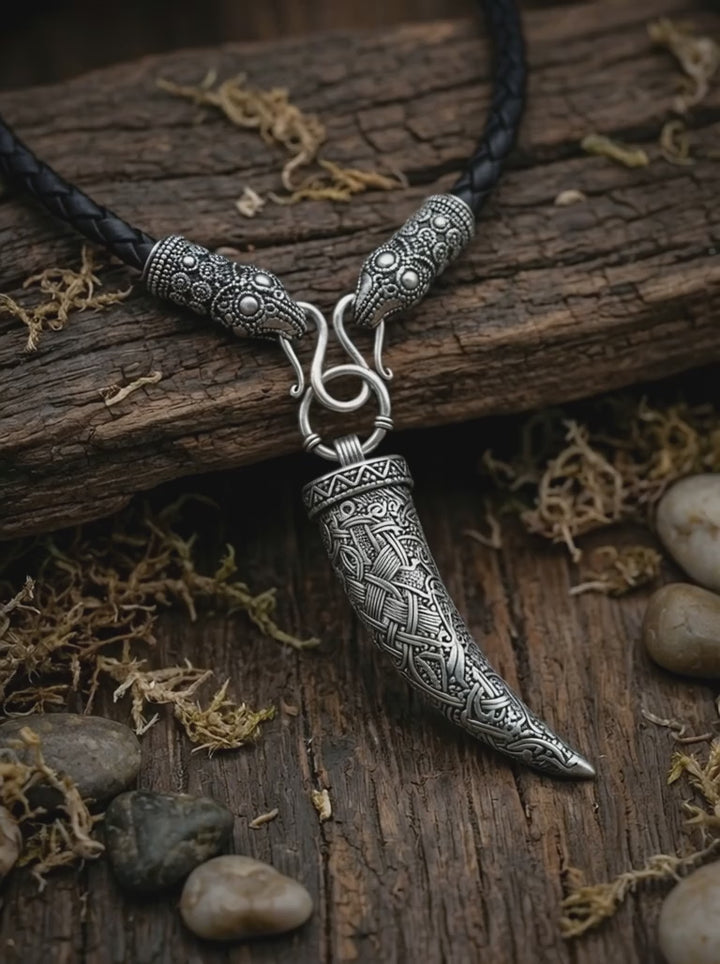 Video – Wolfszahn-Anhänger an Lederkette Nahaufnahme auf Holz mit Moos