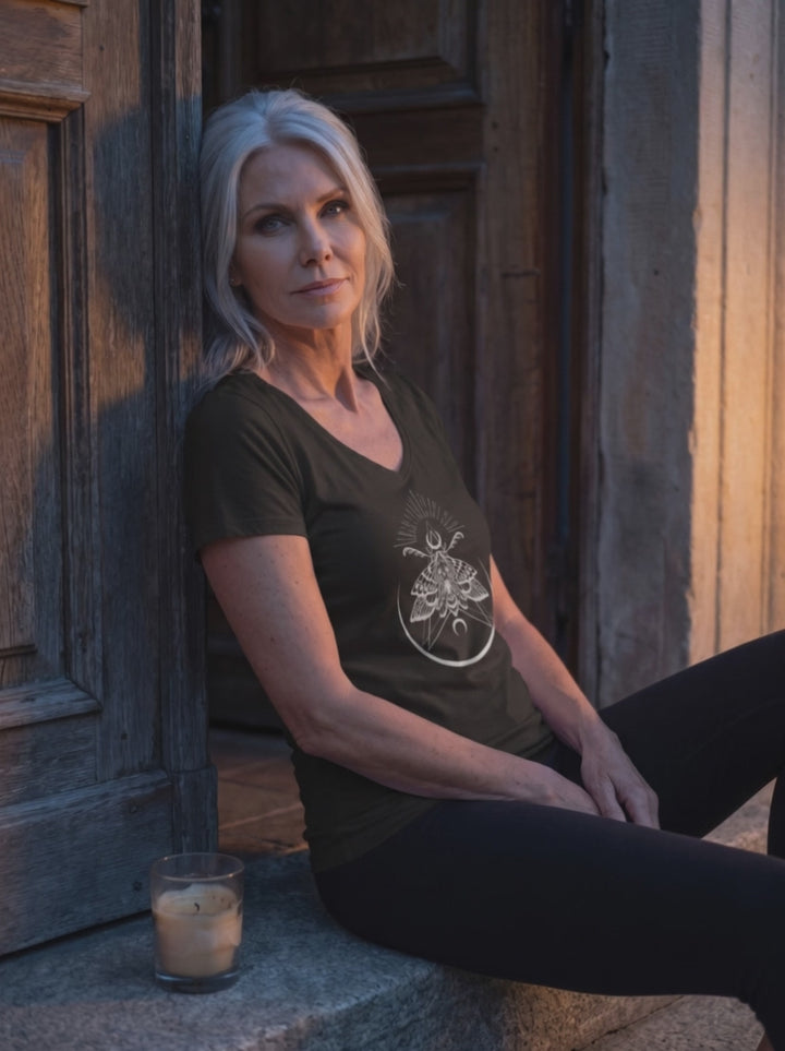 Video: Damen V-Neck Shirt mit Nachtfalter-Motiv im Abendlicht