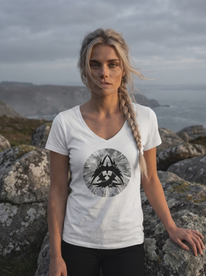Frau im weissen Damen V-Neck Shirt mit Rabenzeichen an der Steilküste, Wind bewegt ihr Haar