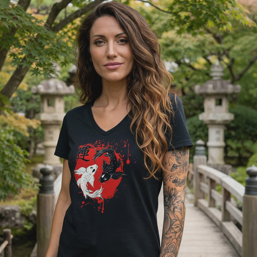 Model zeigt das Harmonic Koi V-Neck Shirt in einer japanischen Landschaft.