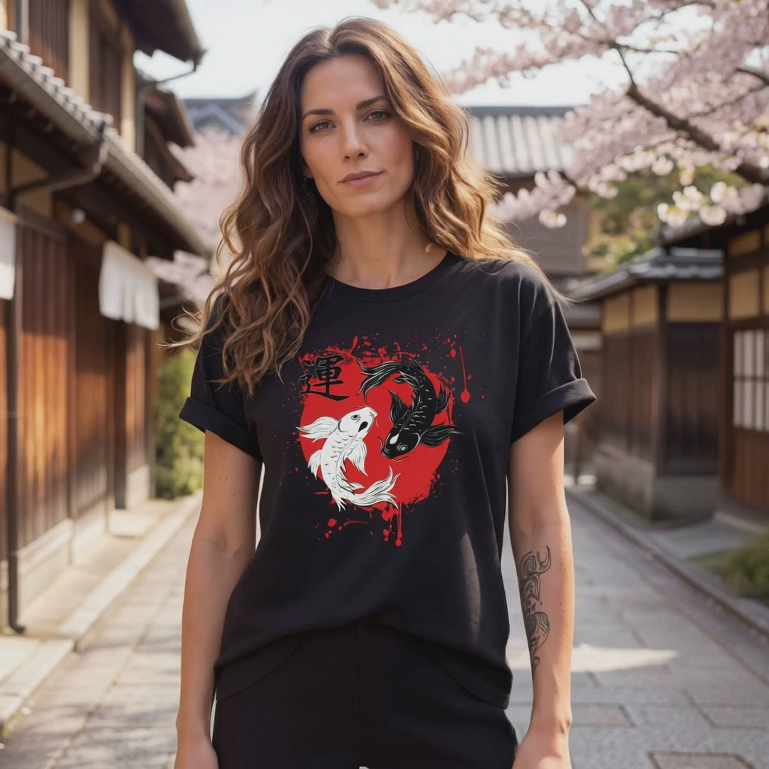 Video: Model in schwarzem Relaxed Damen Shirt mit Harmonic-Koi-Motiv in japanischer Umgebung