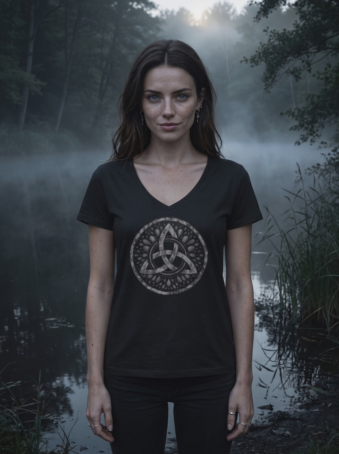 Video: Frau im schwarzen V-Neck Shirt am nebligen Weiher, die Kamera fährt langsam auf das Triquetra-Motiv zu