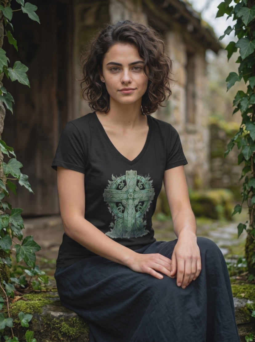 Frau im schwarzen Keltenkreuz V-Neck Shirt an einer Trockenmauer im Morgennebel