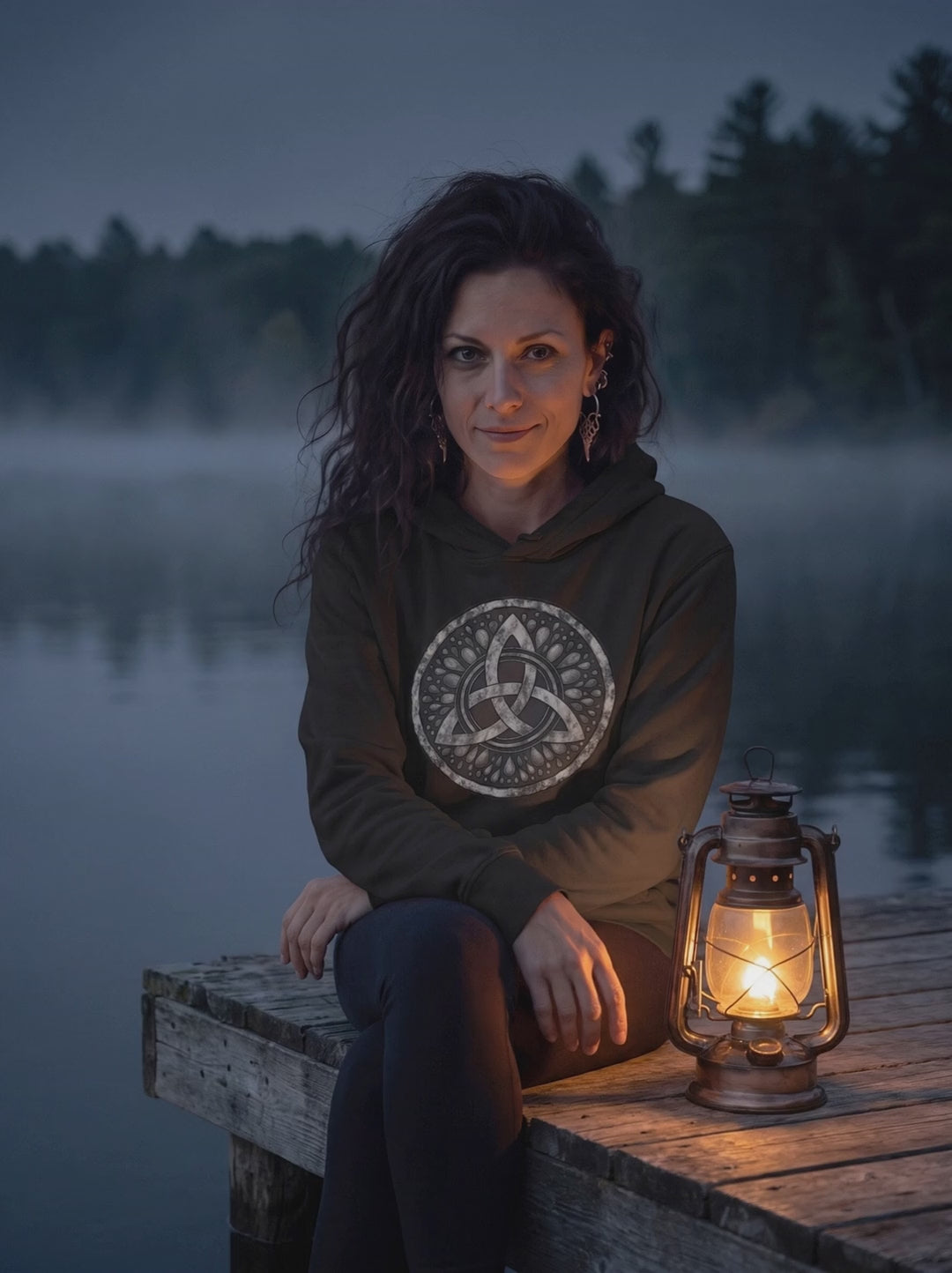 Video: Frau im schwarzen Triquetra Hoodie auf dem Steg am See, langsame Kamerafahrt bis zu ihrem ruhigen Lächeln