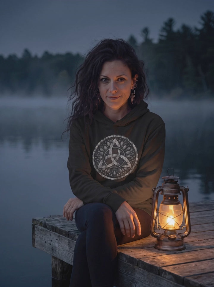 Video: Frau im schwarzen Triquetra Hoodie auf dem Steg am See, langsame Kamerafahrt bis zu ihrem ruhigen Lächeln
