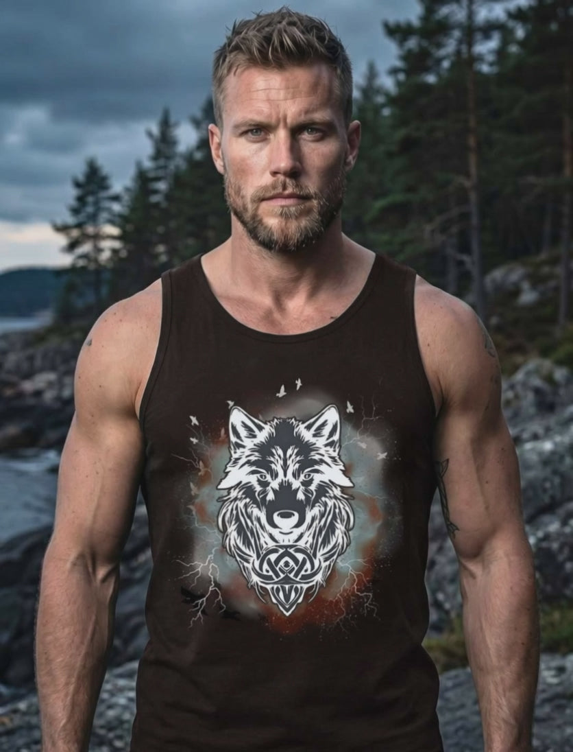 Herren Tank Top Fenrir Wolfsseele des Nordens – Produktvideo mit Wolfskopf-Motiv und keltischem Knotenwerk in vier Farben