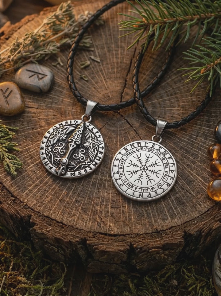 Video zeigt nordischen Runenanhänger Lanze der Tapferen Vorder- und Rückseite mit geflochtener Lederkette.