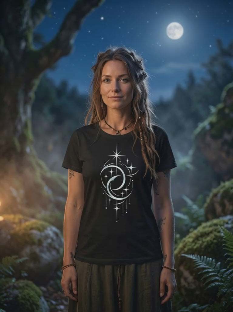 Video zum Mond der Balance Damen Bio Baumwollshirt mit kosmischem Doppelmond Design im Waldsetting