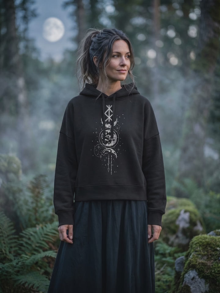 Rune des Mondschein Wächters Damen Hoodie – Binderune und Mondphasen Motiv in Bewegung