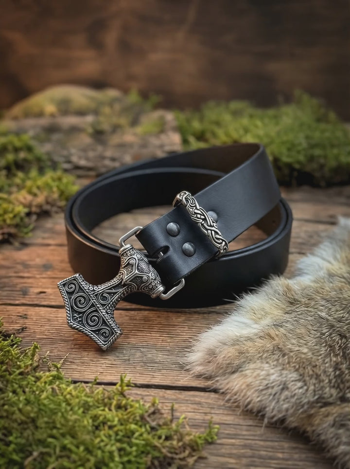 Video: Nordischer Ledergürtel mit Thorshammer-Schnalle, gezeigt aus verschiedenen Perspektiven im natürlichen Umfeld