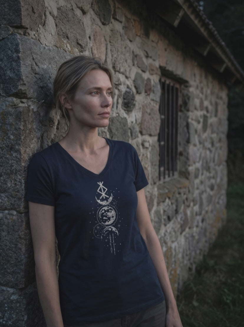 Video: Damen V-Neck Shirt mit Binderune und Mond an einer Steinmauer bei Nacht