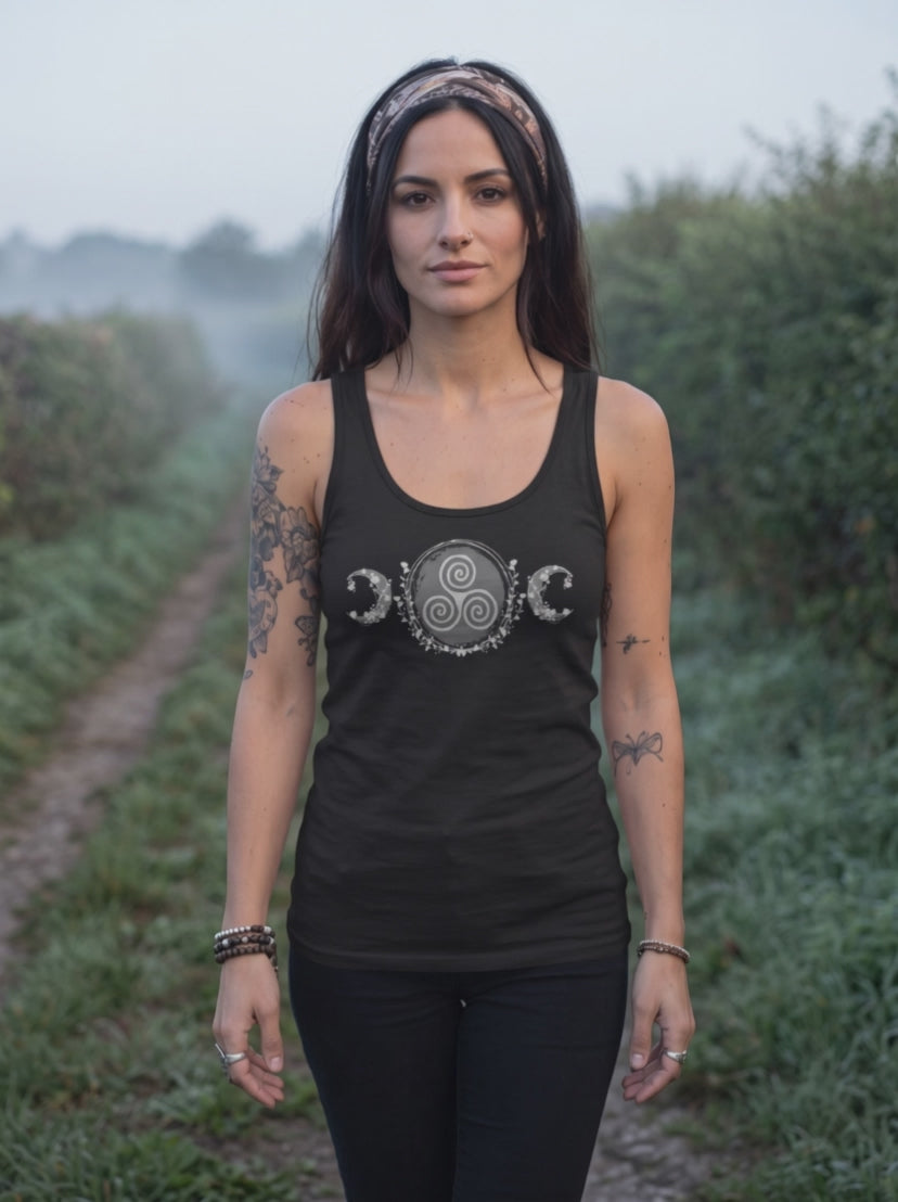 Video: Damen Tank Top in Schwarz mit Triskele zwischen zwei Mondsicheln auf einem Feldweg