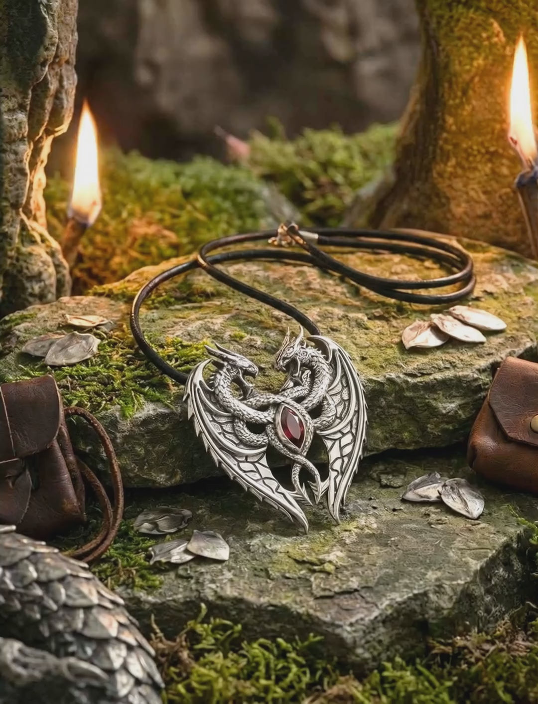 Video von Herzförmiger Drachenanhänger aus 925 Sterling Silber mit rotem Zirkonia auf moosigem Stein