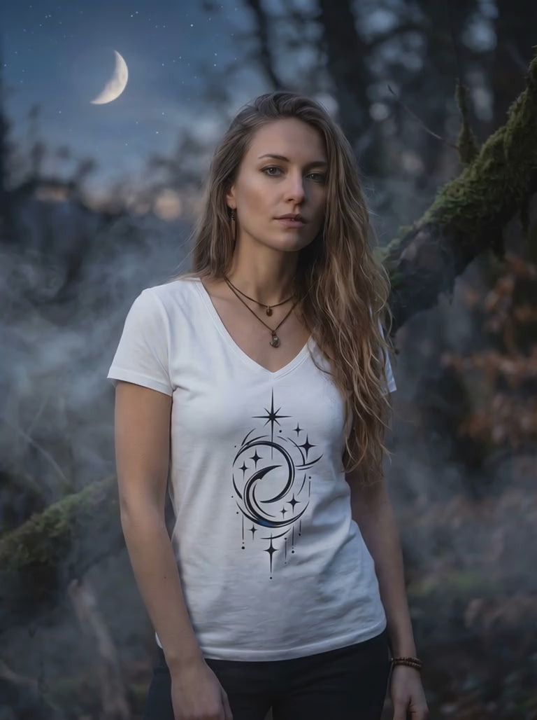 Produktvideo Damen Shirt Mondmotiv schwarz navy weiß V-Ausschnitt