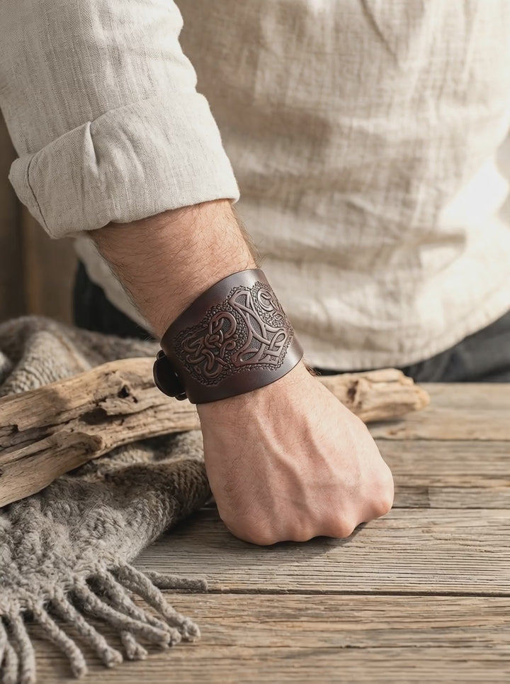 Video von Mjölnir Lederarmband schwarz und braun getragen am Handgelenk in ruhiger Naturkulisse