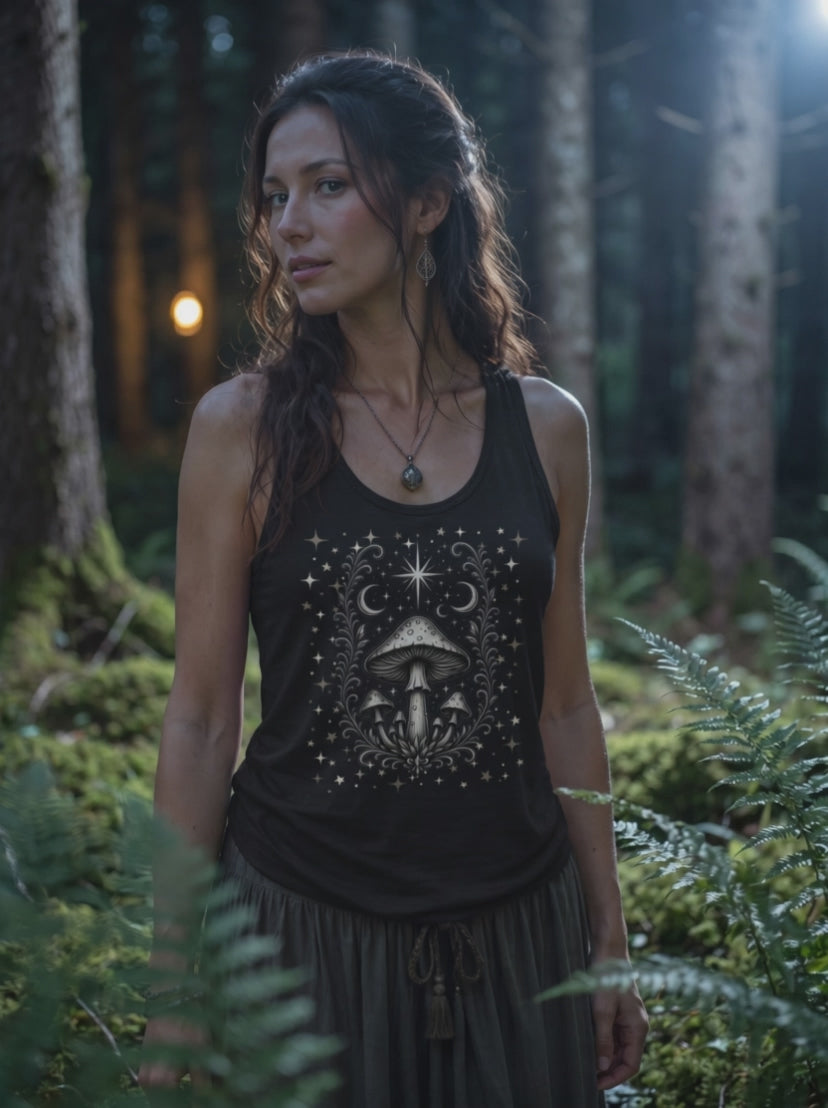 Frau im Wald dreht sich zur Kamera, Tank Top mit Pilzmotiv im Lichtstrahl