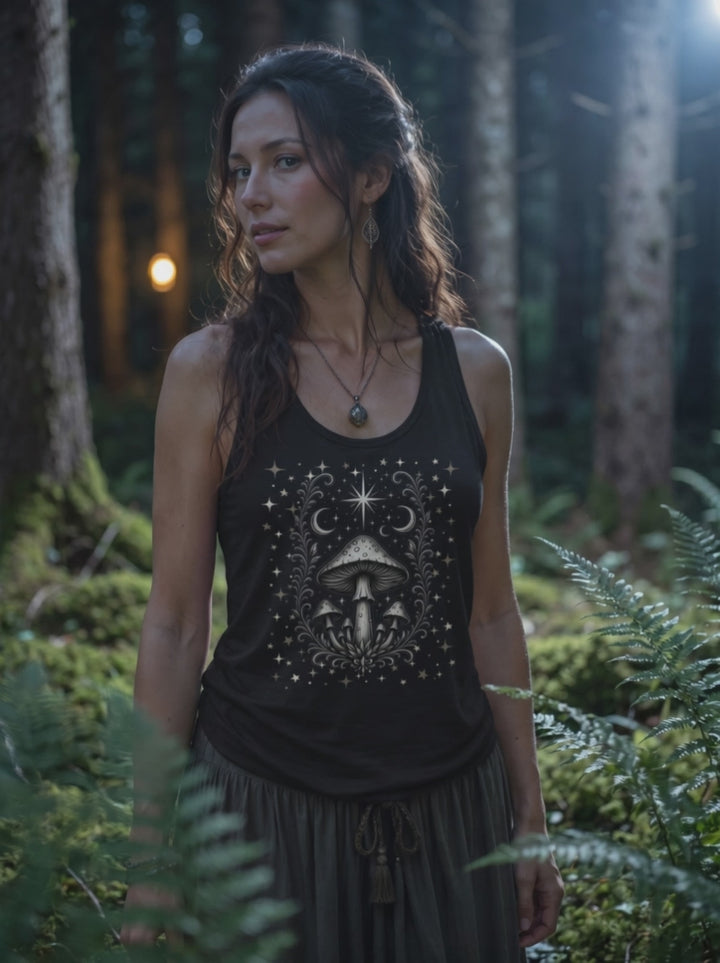 Frau im Wald dreht sich zur Kamera, Tank Top mit Pilzmotiv im Lichtstrahl