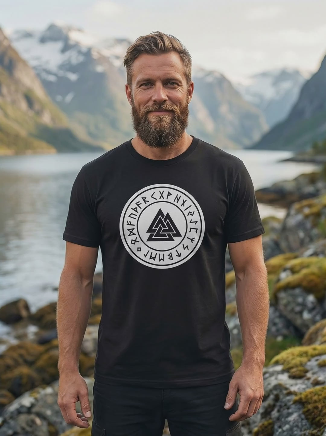 Video eines Mannes an einem norwegischen Fjörd. Er trägt das Valknut Shirt in schwarz.
