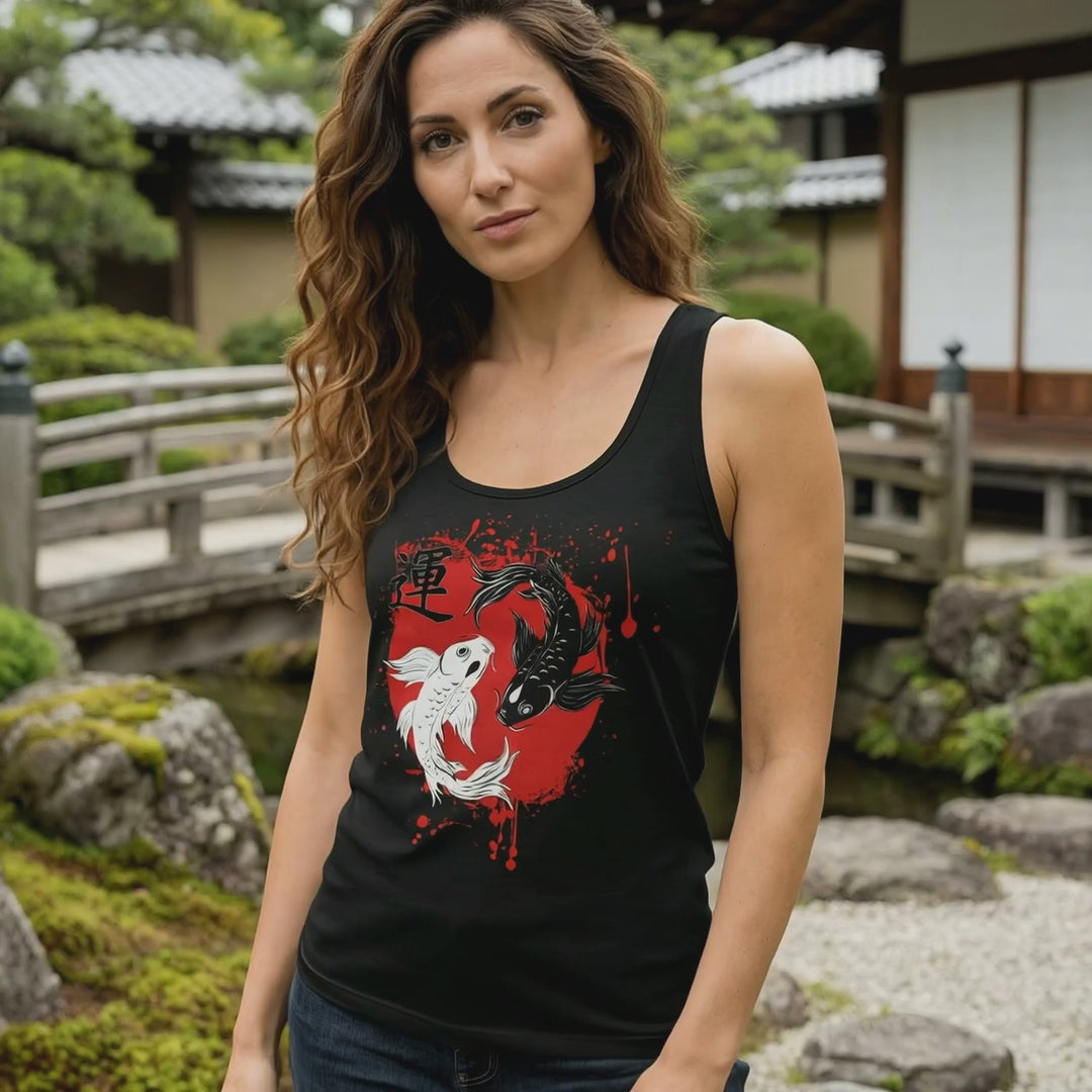 Junge Frau zeigt das Harmonic Koi Damen Top in schwarz – Kombiniert Eleganz und Bequemlichkeit im japanischen Stil.