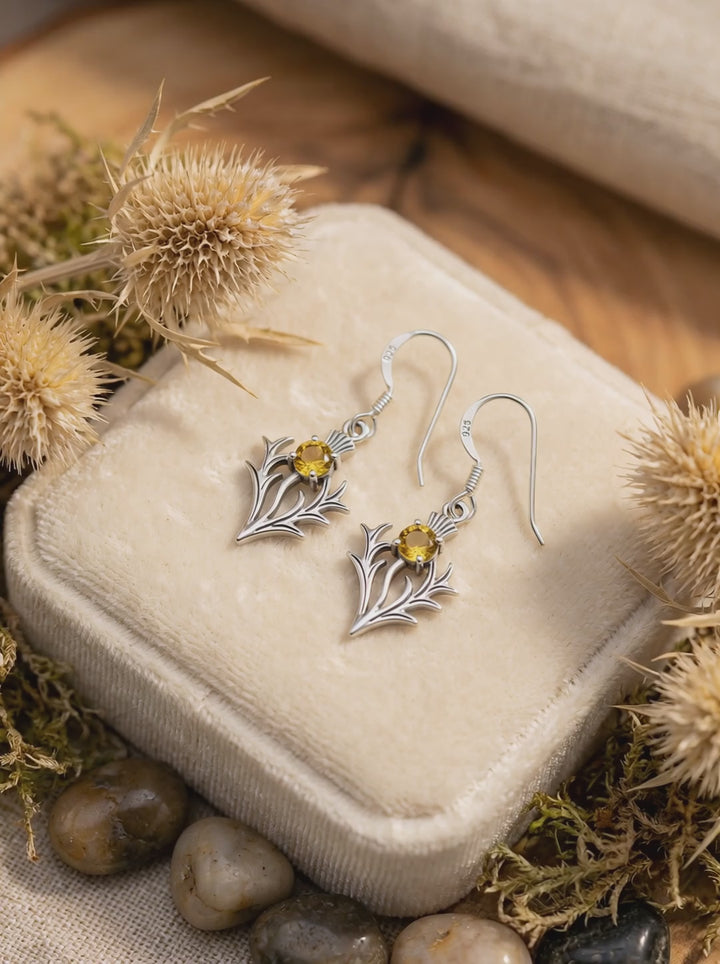 Video von Thistle of Caledonia Distel Ohrringe aus 925 Silber in Schmuckschatulle