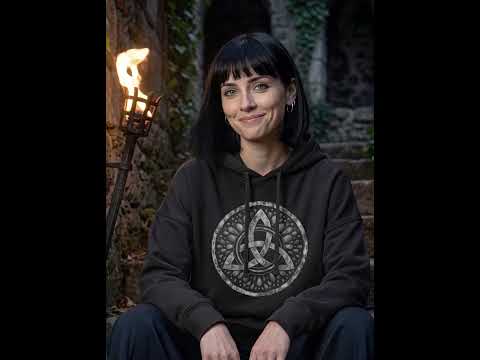 Video: Frau im schwarzen Triquetra Boxcut Hoodie Sichel der Seherin sitzt auf den Stufen einer Burgruine neben einer Fackel und lächelt in die Kamera