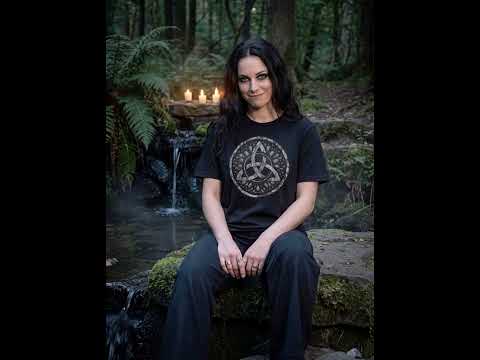 Video: Frau im schwarzen Damen Shirt mit Triquetra sitzt an einer Waldquelle mit Kerzen und lächelt, die Kamera fährt langsam zurück