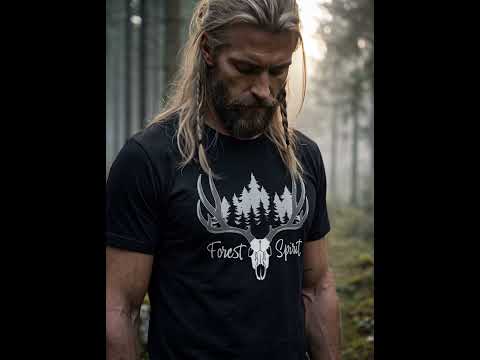 Video: Langsame Kamerafahrt im Nebelwald auf das schwarze Forest Spirit T-Shirt mit Hirschgeweih und Fichtenmotiv
