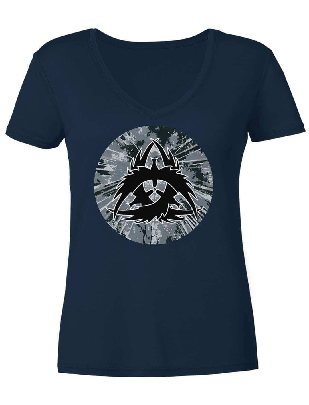 Dunkelblaues Damen V-Neck Shirt mit Rabenmotiv, flach liegend von vorn