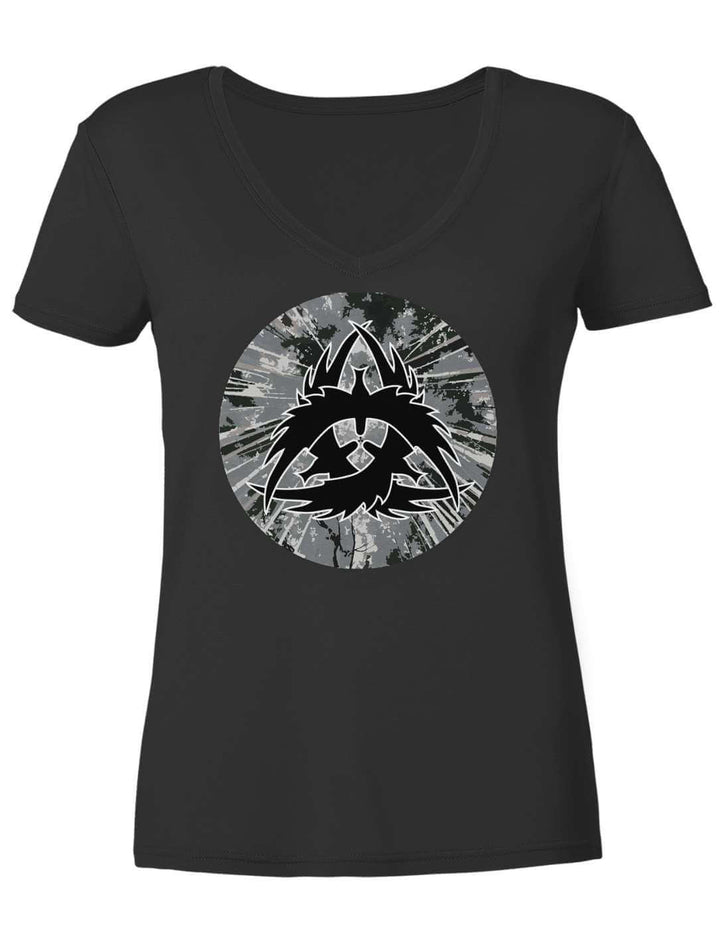 Schwarzes Damen V-Neck Shirt mit Rabenmotiv, flach liegend von vorn