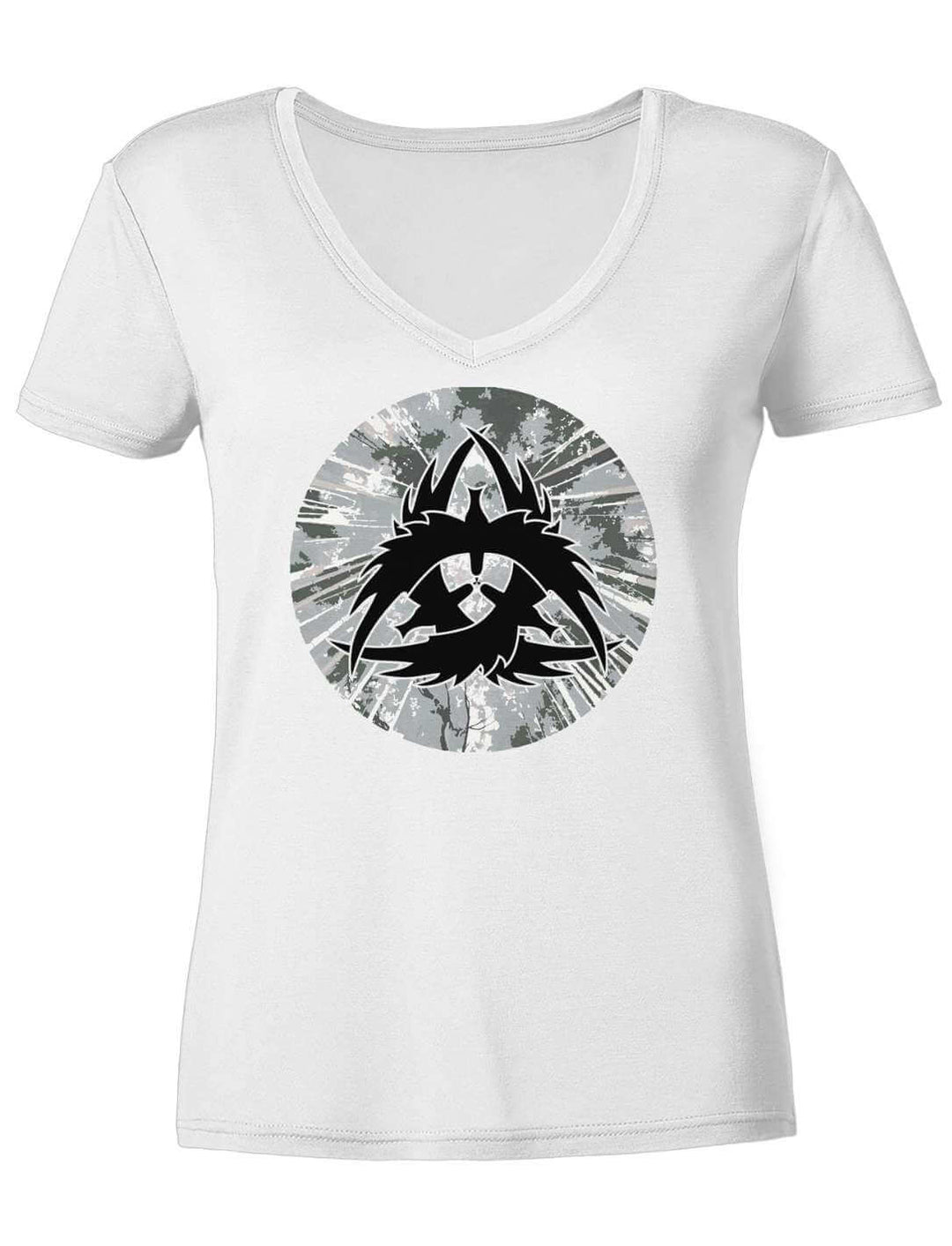 Weisses Damen V-Neck Shirt mit Rabenmotiv, flach liegend von vorn