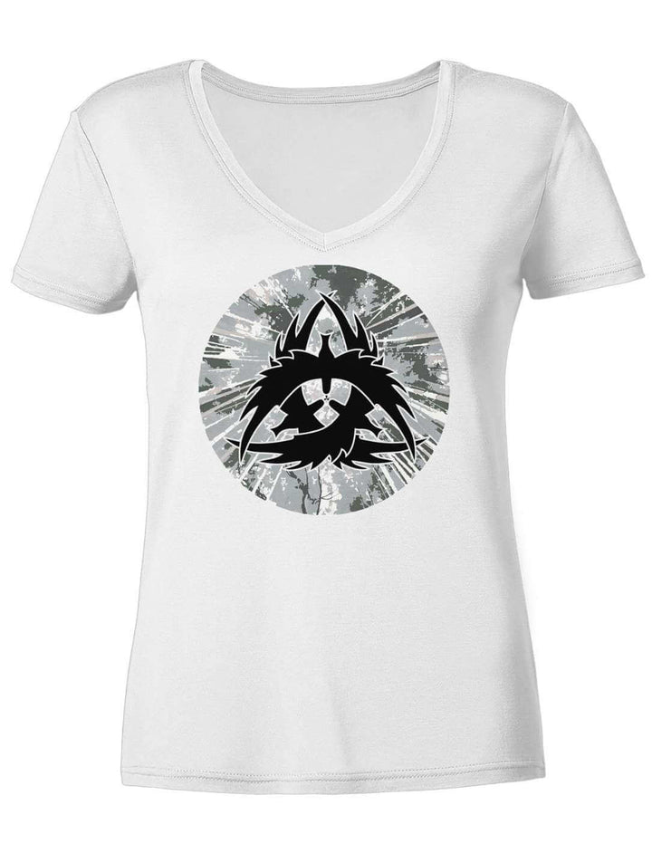 Weisses Damen V-Neck Shirt mit Rabenmotiv, flach liegend von vorn