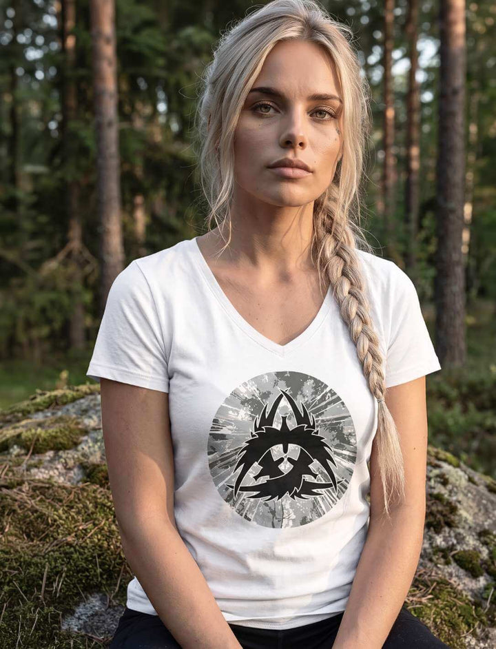 Frau in weissem V-Neck Shirt zwischen hohen Baumstämmen, Rabenzeichen mittig auf der Brust
