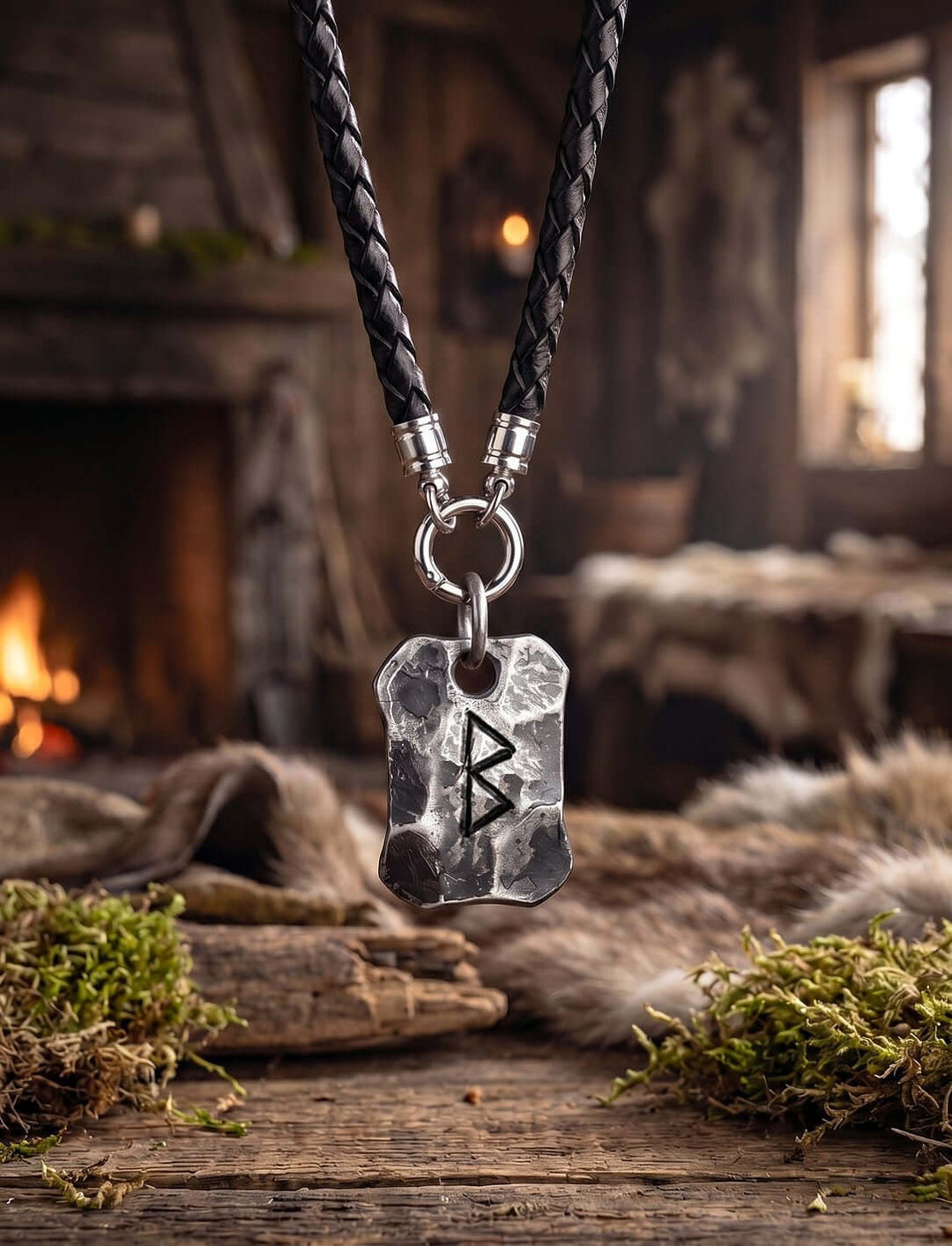 Geschmiedeter Anhänger mit der Rune der Birke an geflochtener Lederkette vor Kaminfeuer auf Fell und Moos