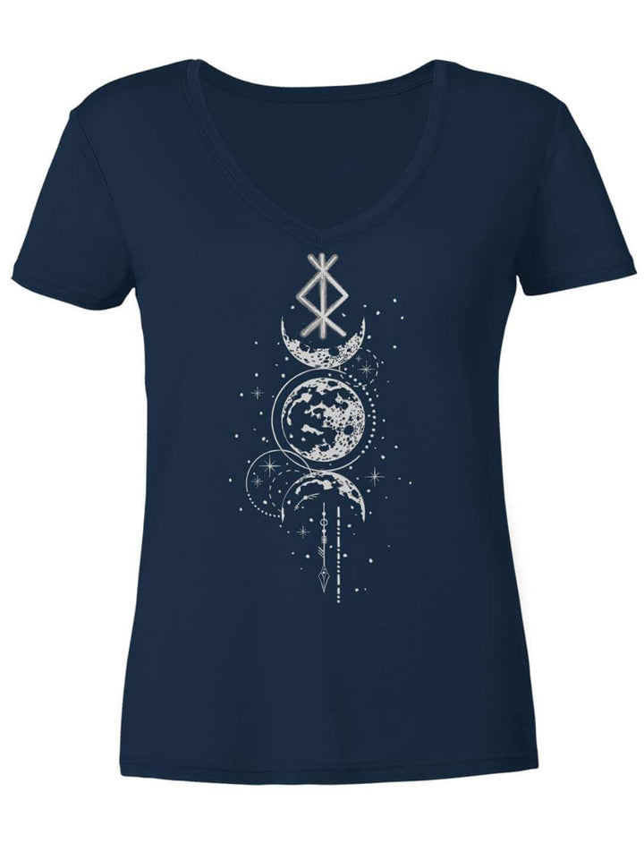 Blaues Damen V-Neck Shirt liegend, Runenmotiv mit Mondscheiben
